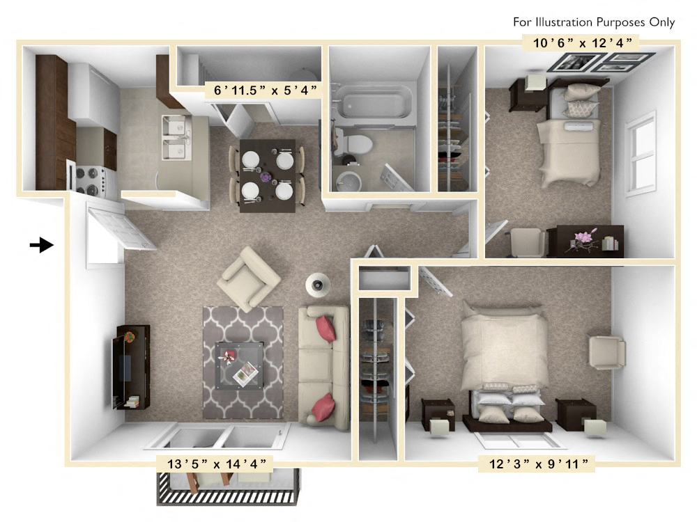 The Poplar - 2 BR 1 BA Floor Plan at Autumn Woods Apartments, Miamisburg, OH